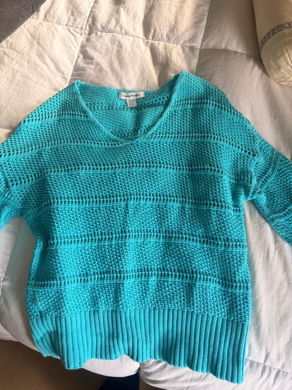 Tommy Bahama Bright Turquoise Open-Knit V-Neck Sweater